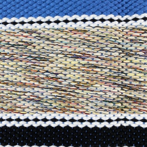 Hand Woven Throw Rug 36x24 Blue Black Stripe Chindi Rag Reversible‎ Fringe - Picture 3 of 7